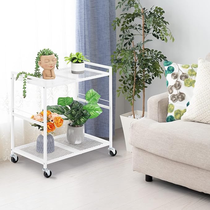 YBING Computer Tower Stand White PC Tower Stand 2 Tier CPU Holder with Wheels Metal Mobile Computer Tower Cart Rolling PC Cart Floor for Fax Home Office