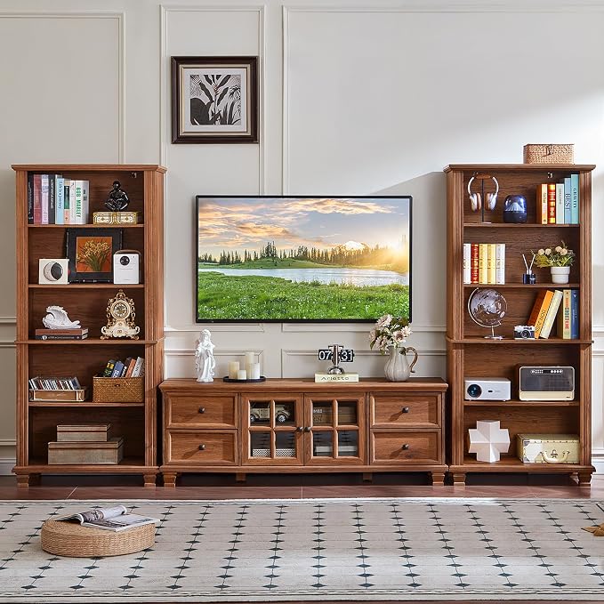 SAVOR LIFE 70" Tall Brown Bookshelf,5 Tier Wooden Book Shelf with Adjustable Shelves & Wood Legs,Free Standing Farmhouse Bookcase with Open Display Storage,Vintage Bookshelves for Classroom, Office