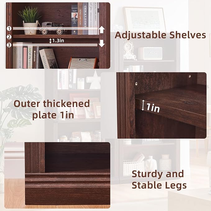RWYHG 70" Walnut Tall Bookshelf Set of 4,5-Tier Thick Wooden Book Shelf with Adjustable Shelves,Free Standing Farmhouse Bookcase with Open Display Storage,Floor Vintage Bookshelves for Living Room