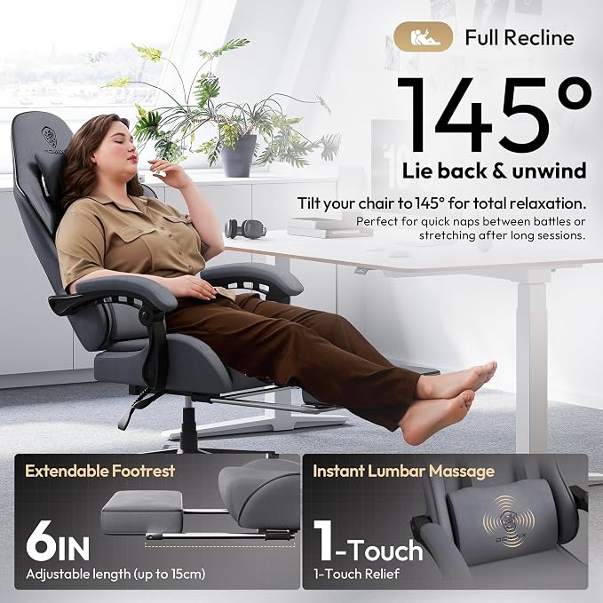 Dowinx Gaming Chair Fabric Big and Tall with Pocket Spring Cushion, Massage Game Chair Cloth with Headrest, Ergonomic Computer Chair with Footrest 350LBS, Grey