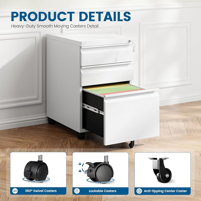 PEUKC 3 Drawers Mobile File Cabinet with Lock, Under Desk Rolling File Cabinet for Home Office, Organizes Letter Legal A4 Files, White(Pre-Assembled)