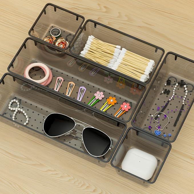 WOWBOX 6 Pack Clear Drawer Organizer Set, Acrylic Drawer Storage Trays, Storage Bins for Makeup, Cosmetics, Jewelries, Utensils, Gadgets, Office, Black