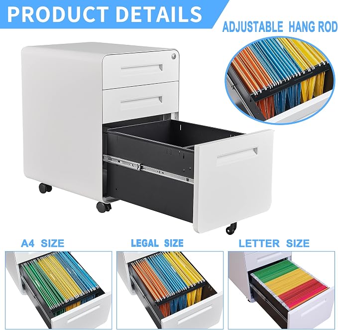 Letaya File Cabinet, 3 Drawer Filing Cabinets for Home Office with Lock Mobile Under Desk Fully Assembled Cabinet (White)