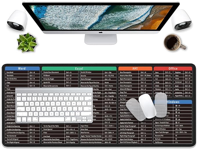 Large Extended Gaming Mouse Pad with Word Excel Office Software Excel Shortcuts PPT Windows,Stitched Edges Non-Slip Waterproof Rubber Base Mouse Pad for Office Desk Pad(27.5X11.8 in)