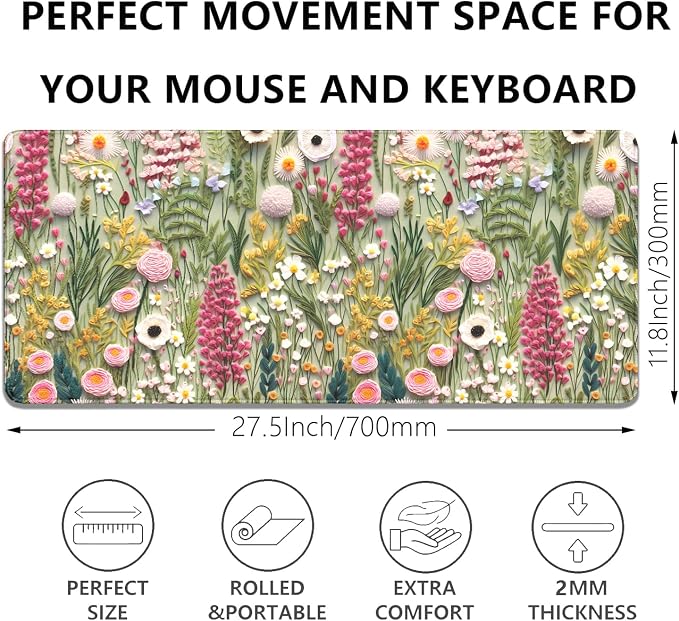 Embroidered Flower Wildflower Embroidery 3D Pattern Mouse Pad Desk Pad,Stitched Edges Non-Slip Waterproof Rubber Base Mous Mat for Office,Computer,Keyboard,Laptop and Home Desk Pad(27.5X11.8 in)