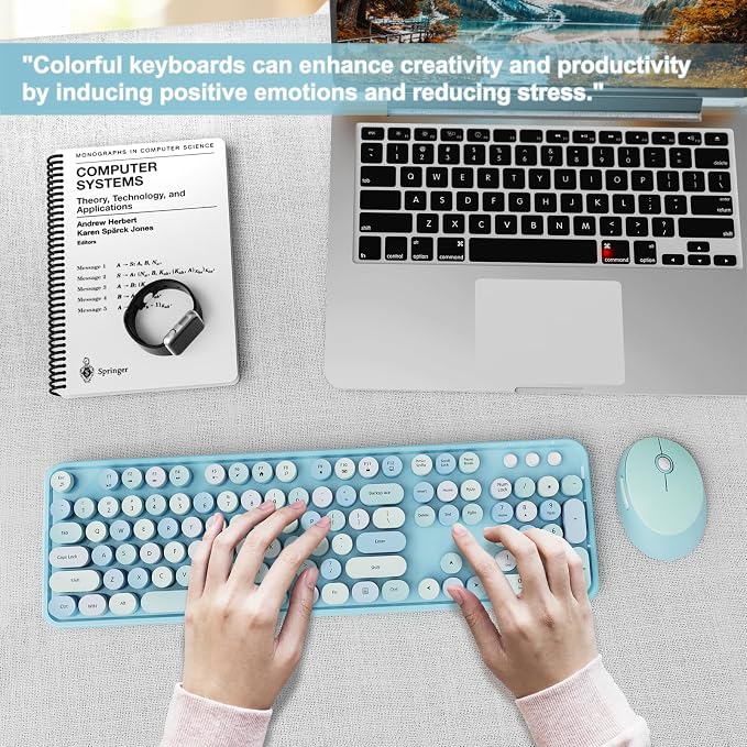 Wireless Keyboard and Mouse Combo, Ergonomic Full Size Typewriter Retro Round Keycaps Keyboard, Compatible with Windows, PC, Perfer for Home and Office Keyboards (Blue