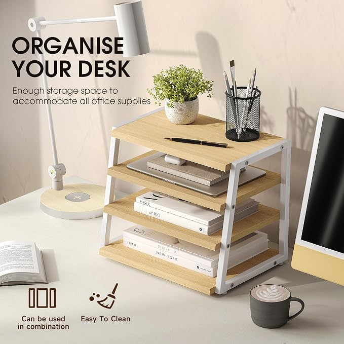 Fenge Desk Shelf Organizer, 4 Tier Desktop Shelf, Wood and Metal Office Shelves, Corner File Organizer for Office Supplies, Top of Desk Organizers and Accessories