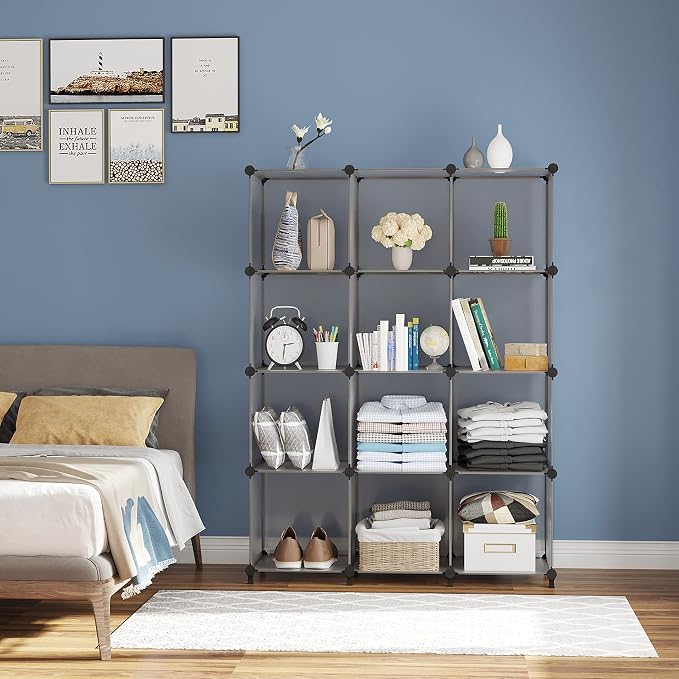 AWTATOS Cube Storage Organizer Closet Storage Cubes Shelves Bookshelf Clothes Organizer DIY Plastic 12 Cube Shelves for Home, Bedroom, Grey ULPZ022
