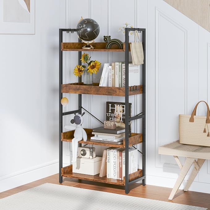 HCHQHS 4 Tier Bookshelf, Adjustable Industrial Bookcase, Vertical Tall Book Shelf, Wood and Black Metal Open Bookshelves for Home Office, Living Room, Bedroom