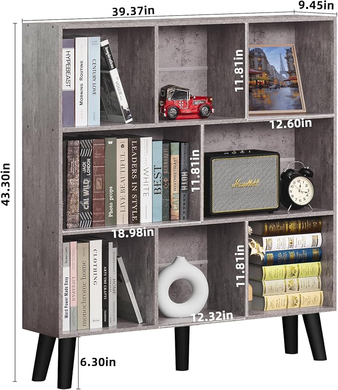 LEYAOYAO 8 Cube Bookshelf,Farmhouse Bookcase with Legs,Modern Dirty Grey Mid-Century Bookshelves,Large 3 Tier Open Storage Organizer Shelf, Retro Wood Display Book Case