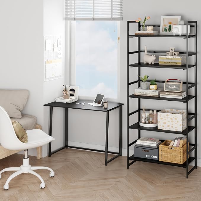 BHG Vintage Multifunctional Folding Bookshelf, No-Assembly Plant Stand Storage Rack Shelves for Home Office (All Black, 5-Tier)