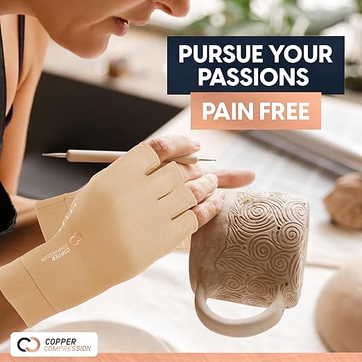 Copper Compression Arthritis Gloves | Fingerless Arthritis Carpal Tunnel Pain Relief for Men & Women | Hand Support Wrist Brace for Neuropathy, Rheumatoid, Tendonitis, Swelling, Crocheting Nude (S)