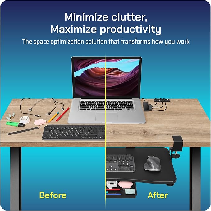 Keyboard Tray | Under Desk Keyboard Tray Slide Out w/Adjustable C-Clamps for Desks Up to 1.5-Inch-Thick | Clamp On Drawer with 1x USB-C to 4 USB-A Hub and 1x Five-Cable Management Organizer