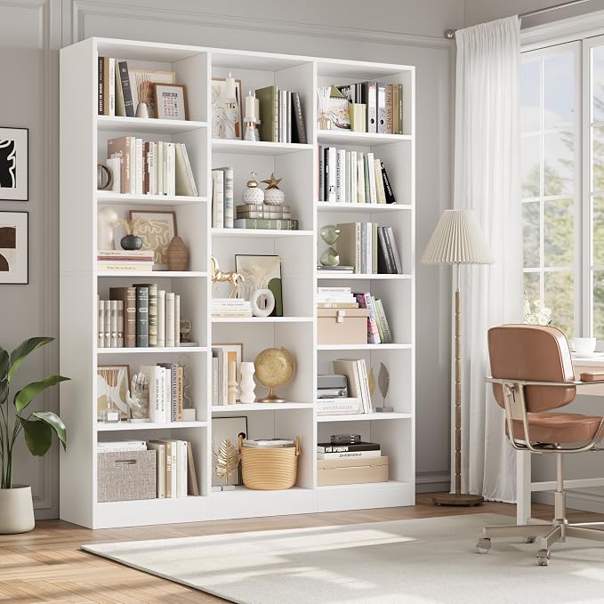 FACBOTALL Triple Wide Bookshelf, 6 Tier Large Bookshelf, Bookcase with 17 Open Display Shelves, 74'' Tall Bookcases and Bookshelves for Living Room, Home Office, Library, White