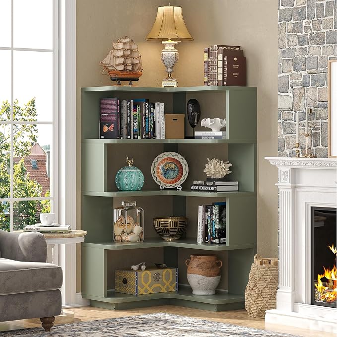 Armocity Corner Book Shelf - 5 Tier Corner Bookshelf Etagere Bookcase with Baffle, Freestanding L Shaped Display Shelf Stand for Home Office, Living Room, Bedroom, Kitchen, Crab Green