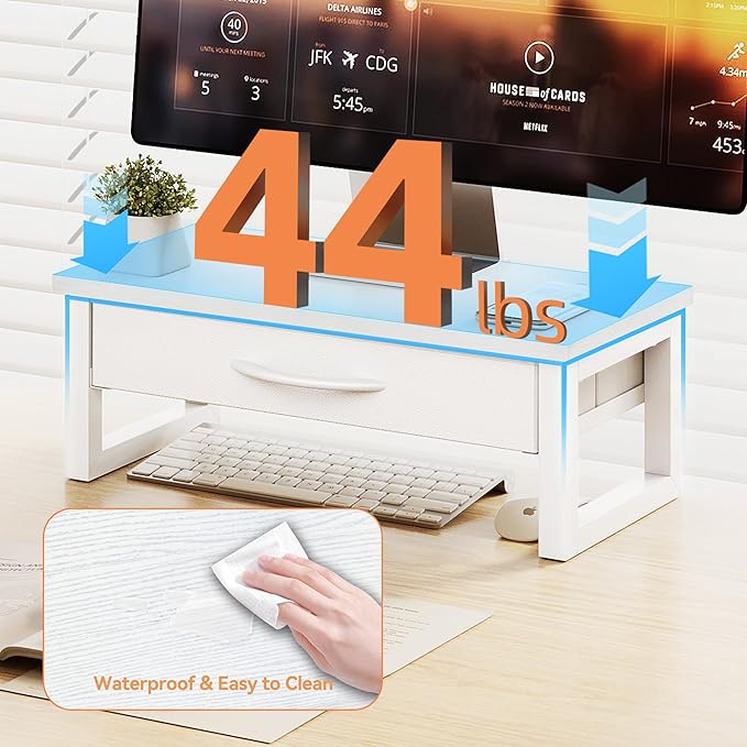 Desk Organizers and Accessories, Computer Monitor Stand Riser with Drawer, White Laptop Stand for Desk with Storage, Office Organization, Wood