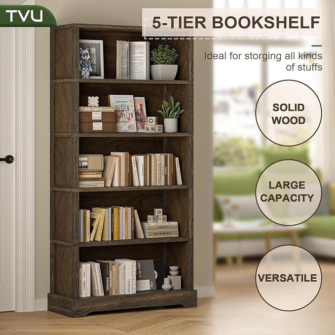 TVU 5-Tier Solid Wood Book Shelf, Floor Standing Bookcase, 65" H × 31.5" W × 11.8" D Bookshelf, Farmhouse Style Book Case with Arched Base, Suitable for Living Room, Study, Office, Walnut
