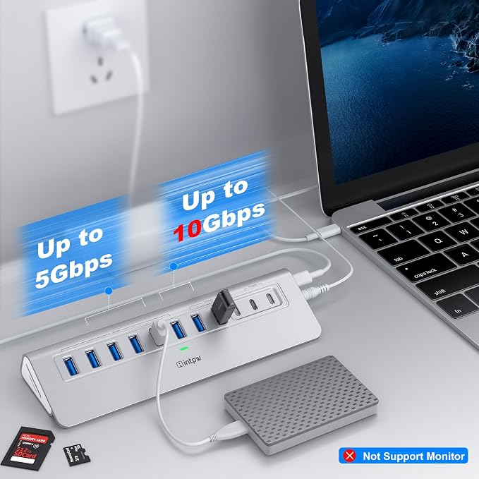 Powered USB Hub 10Gbps, Intpw YH6AC Plus 10-Port USB Hub 3.2 (USB A/USB C 3.2+3 USB-A 3.0+2 PD 45W Fast Charging Port+SD/TF Card Reader), 65W Power Adapter,Aluminum USB HUB for PC,Laptop,iPhone 17/16
