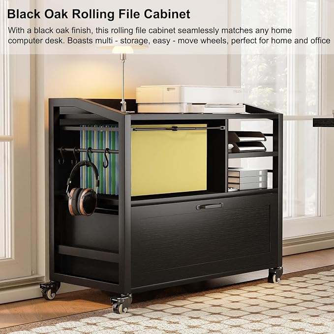 HSH Rolling Lateral File Cabinet with Storage Drawer, Black Mobile Filing Cabinet for Legal/Letter Size, Wood Metal Printer Stand with Shelves, Wheels & Hanging File Folder for Home Office Desk, 33 In