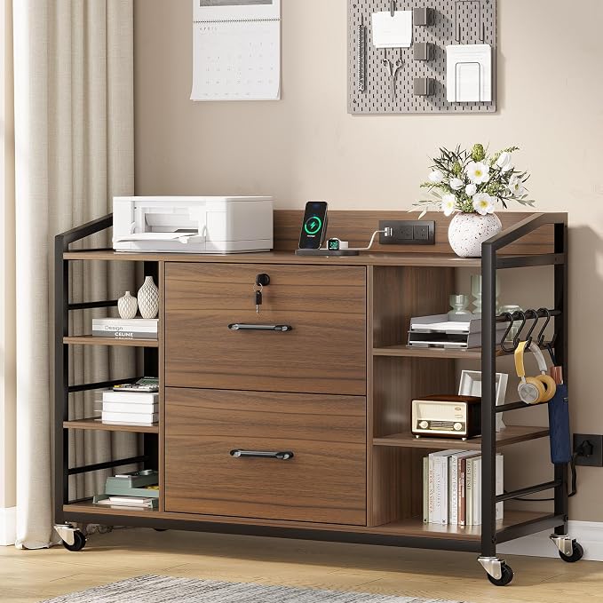 SEDETA 44" File Cabinet, Filing Cabinet fits Legal/Letter Size, 2 Drawer File Cabinets for Home Office with Lock, Power Strip, 6 Storage Shelves, Walnut Brown