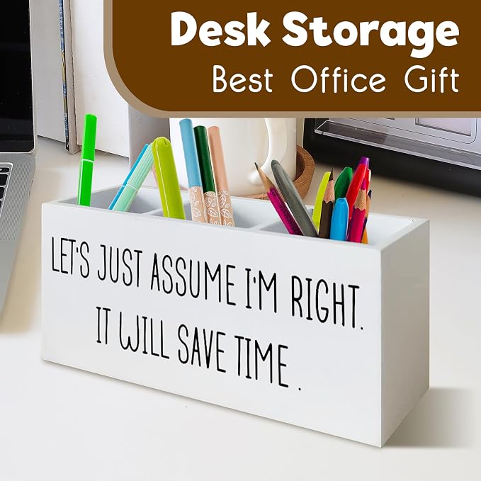 Boss's Day Gifts, Funny Desk Pen Holder Boss Gifts for Women, Let's Just Assume I'm Right Wooden Pen Pencil Holder Organizer for Office Desk Accessories