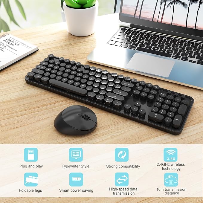 Wireless Keyboard and Mouse Combo, Ergonomic Full Size Typewriter Retro Round Keycaps Keyboard, Compatible with Windows, PC, Perfer for Home and Office Keyboards (Black