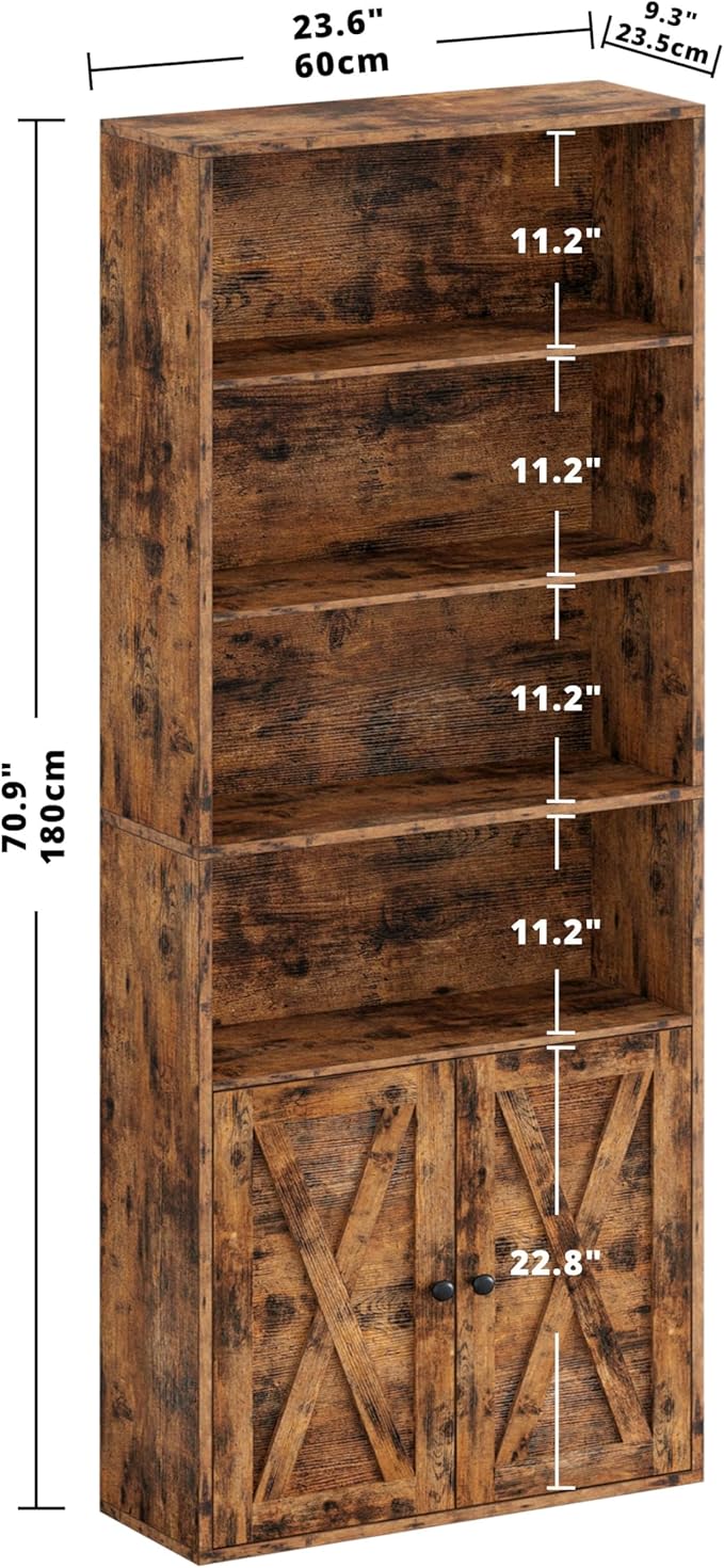 IRONCK Industrial Bookshelves and Bookcases with Doors Floor Standing 6 Shelf Display Storage Shelves 70 in Tall Bookcase for Home Office, Living Room