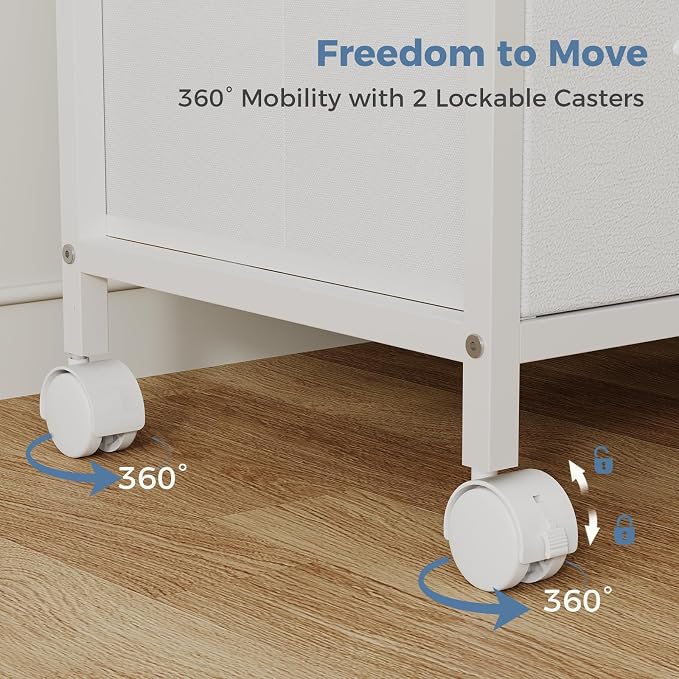 DUMOS 3 Drawer Mobile File Cabinet, Freestanding Fabric Lateral Filing Cabinet Fits A4/Letter Size, Space Saving Rolling Printer Stand with X-Frame and Open Storage Shelf for Home Office, White