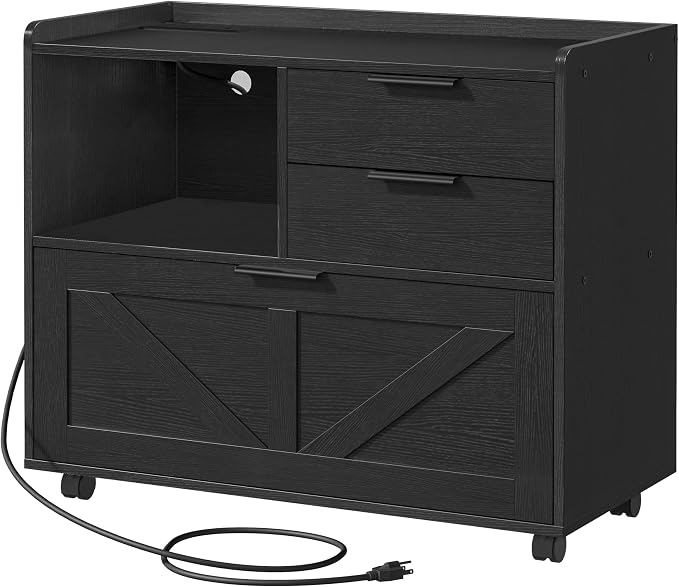 HOOBRO Lateral File Cabinet, Wooden Office Storage Drawers with Charging Station, Filing Cabinet for Home Office, A4/Letter/Legal-Sized Files, Printer Stand with Open Storage Spaces, Black BB37UWJ01