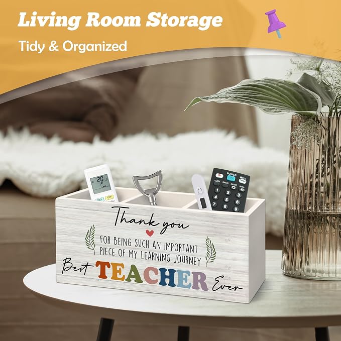 Teacher Appreciation Gifts Pen Holder Organizer for Desk Accessories, End of Year Thank You Teacher Gifts for Women Men Wooden Box Sign Desk Decorations for Office Classroom Tabletop