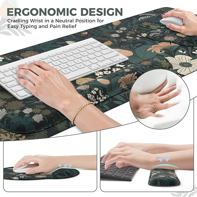 iCasso Desk Cover Mat, 4in1 Floral Large Mouse Pad with Wrist Rest, Desk Matt for Desktop, Anti-Slip XXL Big Computer Ergonomic Mousepad with Wrist Support for Keyboard and Mouse (Weeds)