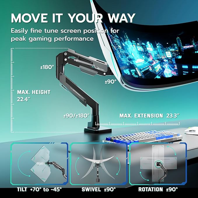 ARES WING Heavy Duty Single Monitor Arm - Gas Spring Aluminum Monitor Mount for 24"-57" Ultrawide Screens up to 66 lbs with Clamp/Grommet Desk Mount, 75/100/200 Vesa Mount, Black