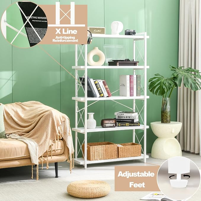 HCHQHS Bookshelf, 5-Tier Industrial Bookcase, White Open Book Shelf, Freestanding Tall Bookshelves with Metal Frame