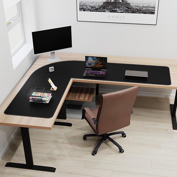 Mydours 61" x 77" x 24" L Shaped Desk Pad (Black), Extra Large Dual-Sided PU Leather Corner Desk Mat Protector for Home Office Computer Gaming