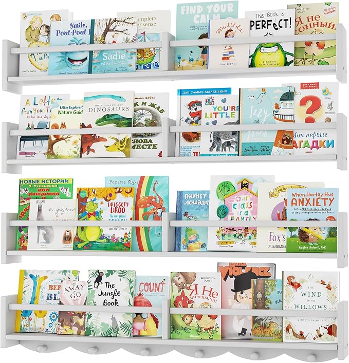 34Inch Nursery Bookshelves,Set of 4,Wall Floating Shelf Kids Coat Rack with 6Hooks,Hanging Book Shelf for Baby Nursery Room Décor ，Patent Number: 29958098(White, 34)