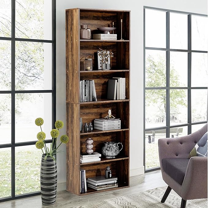 GRUSIGN 71" Tall 6-Tier Bookshelf, Large Open Display Bookcase with Ample Storage, Floor Standing Book Shelf for Living Room, Home Office, Bed Room, Brown