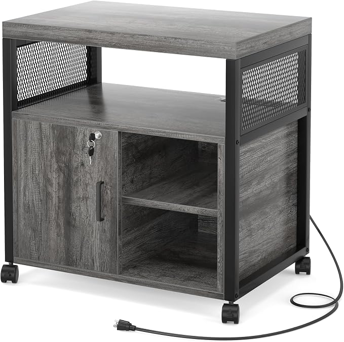 Unikito Rolling File Cabinet Lateral Office Filing Cabinets with Socket and USB Charging Port, Modern Printer Stand on Wheels Printer Cabinet with Door and Open Storage, Lockable, Black Oak