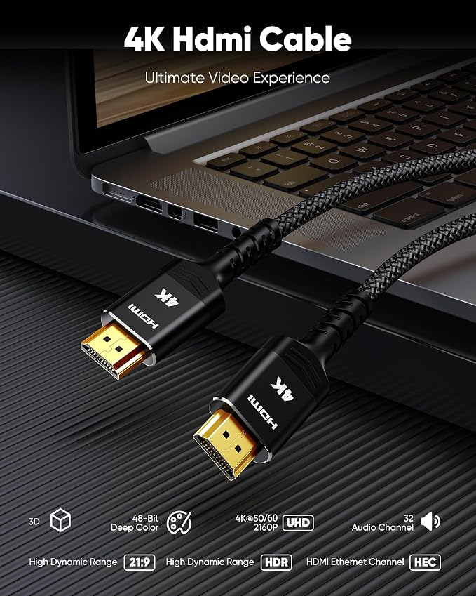 Highwings 4K HDMI Cable 10FT/3m - 4K@60Hz HDR Braided HDMI Cord, 18Gbps High Speed with Ethernet/ARC, 3D, HDCP 2.2, ARC, Compatible for PS-5/4/3/4K HDTV/Monitor/Projector/Streaming Media, Black