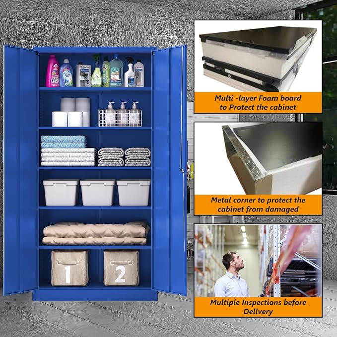 STANI Metal Garage Storage Cabinet with Lock, 71" Steel Lockable File Cabinet, Locking Steel Storage Cabinet with 5 Adjustable Shelves for Home, Office, Garage, Warehouse (Blue, 2 Door - 71" H)