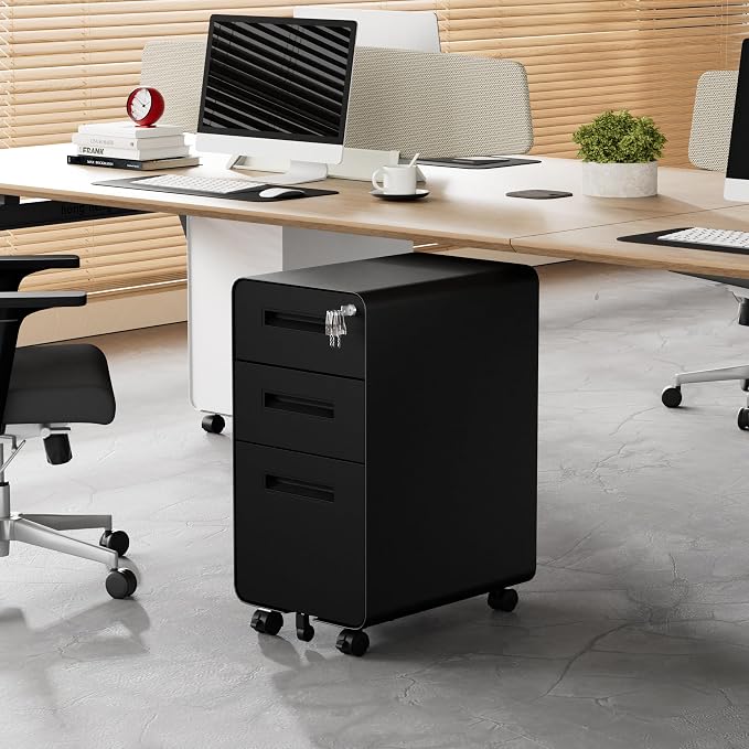 3 Drawer File Cabinet with Lock and 4 Keys, Mobile Metal Filing Cabinet, File Cabinets for Home Office, Under Desk, Pre-Assembly, File Drawer, Letter/Legal/A4 Hanging File Folders