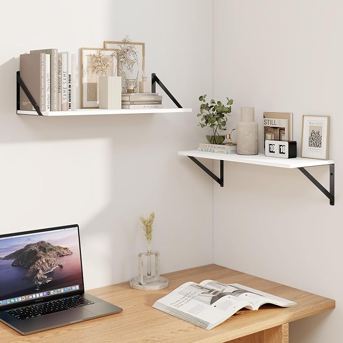 Heimlove White Deep Floating Shelves for Wall, 24W x 8D Wood Wall Shelves Set of 2, Wide Floating Bookshelf for Living Room, Kitchen, Office, Bedroom and Decor Storage, with Black Bracket - White