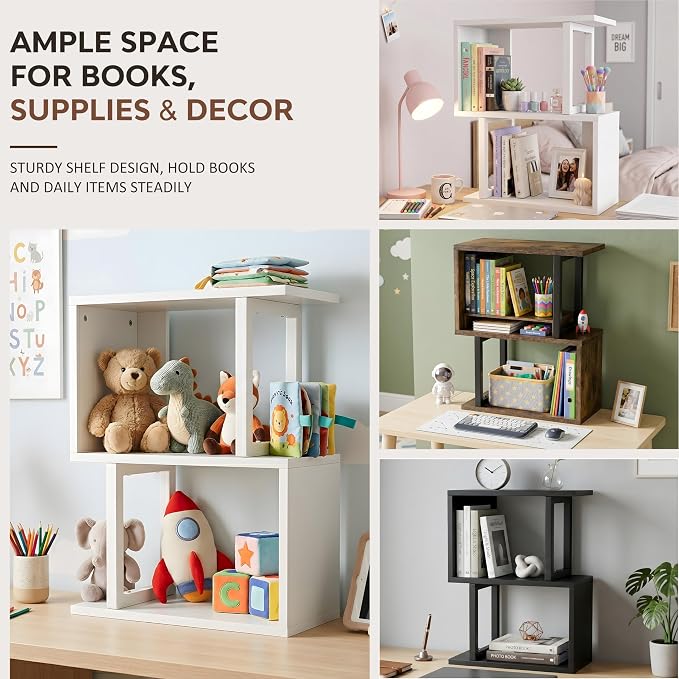 Desk Organizer and Desk Hutch Shelf – Desktop Bookshelf for Small Spaces, Mini Storage Unit for Dorm, Office, 3-Tier Desk Top Organizer Shelf, Rustic Brown