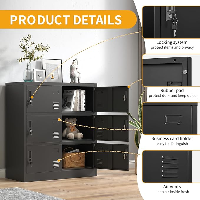 Metal Lockers for Employees, Storage Employee Locker, 72" Storage Lockers with Shelves Steel Cabinet for Home (Black, 9 Door)