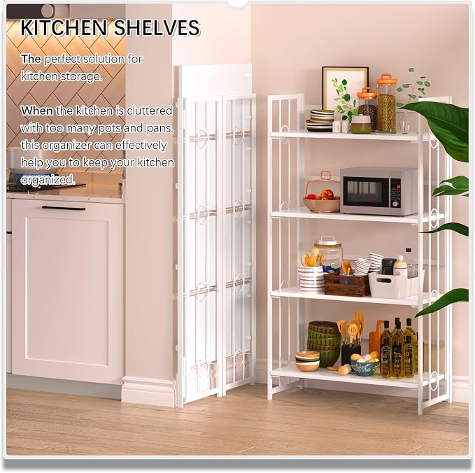 4NM No Assembly 4 Tiers Folding Bookshelf, 47.2" H Foldable Storage Shelves Vintage Bookcase Standing Racks Study Organizer Home Office - All White