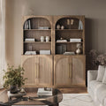 BELLEZE Set of 2 Tall Arched Storage Cabinet with Hutch, Freestanding Display Shelf with Fluted Design, Wood Highboard for Living Room and Home Office, Camel