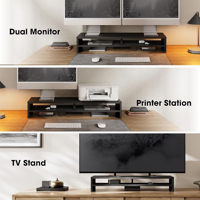 Fenge Monitor Stand, 31.5 Inch Computer Monitor Riser for Desk, 2 Tiers Wood Desk Shelf with Storage, Desktop Organizer for PC, Laptop, Screen, Printer