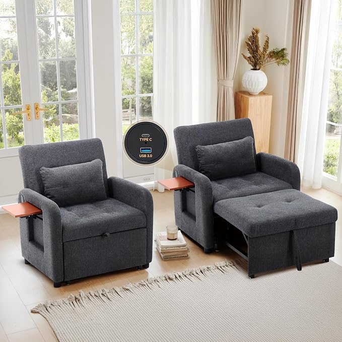 COLAMY Convertible Sleeper Chair-Fabric Futon Sofa Bed, Single Sleeper Sofa, Small Couch Bed with USB Port, Foldable Table, Pillow, Adjustable Backrest for Dorm/Bedroom/College Darkgrey