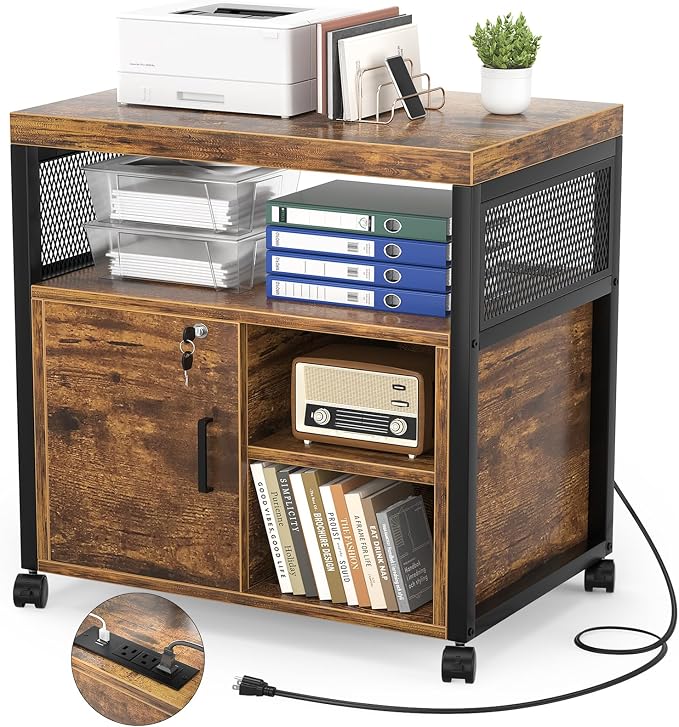 Unikito Rolling File Cabinet, Lateral Filing Cabinet on Wheels Mobile Office Printer Stand with Door and Open Storage Shelf for A4, Letter Size and Hanging File Folders, Lockable, Rustic Brown