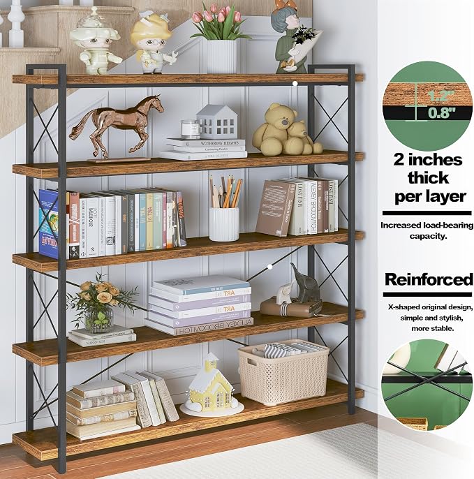 HCHQHS Large Bookshelf, 5-Tier Long Industrial Bookcase, Rustic Brown Book Shelf, Freestanding Horizontal Bookshelves with Metal Frame