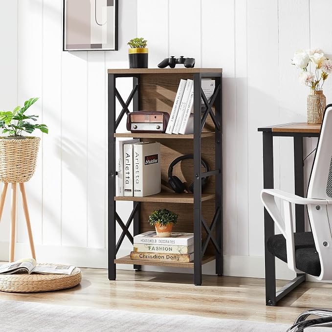 MNEETRUNG Small Bookshelf,4 Tier Industrial Bookcase with Metal Frame and Backboard,Narrow Rustic Brown Book Shelf,Book case for Small Spaces,Living Room,Bedroom and Home Office